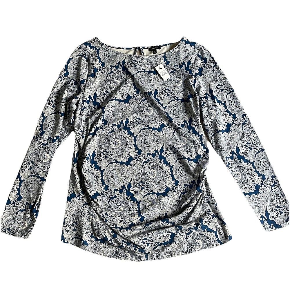 Talbots Paisley Ruched Side Long Sleeve Top Large Navy Catalina Cloth Button NWT
